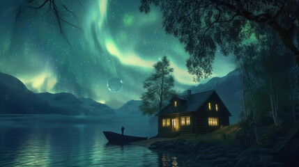 Northern lights over houses by the lake in a mountain village
