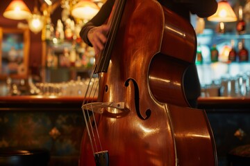 musician with a double bass in a jazzy bar setting - obrazy, fototapety, plakaty