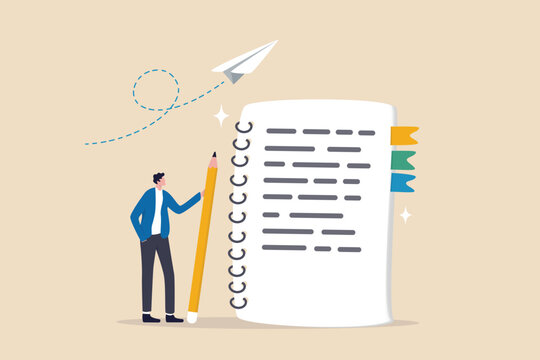 Write note or message on notebook paper, writing document, memo or lecture, record information, diary or article concept, business man holding pencil writing message on notebook paper.