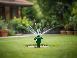 Automatic sprinkler system watering the lawn ,an automatic sprinkler on a green lawn ,Lawn Sprinkler Spraying Water on Grass