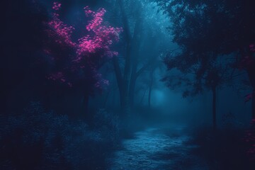 night forest with fog background. Fantasy landscape forest at night. night forest wallpaper for desktop. Natural landscape background. Synthwave Style Leaf Background. fantasy forest wallpaper. - obrazy, fototapety, plakaty