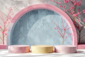 Set of cylinder podiums with a soft pink light beneath an archway, accompanied by delicate cherry blossoms, ideal for product exhibitions.