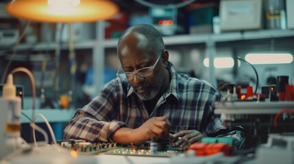 Concentrated engineer meticulously soldering a circuit board in a well-equipped electronics lab, under warm task lighting.