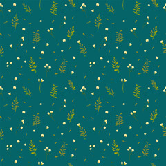 Botanical seamless pattern hand drawn. Dark turquoise background with plants. Minimalist style. Vector illustration.