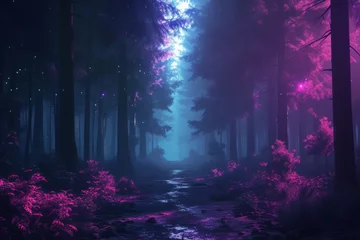 Foto op Aluminium Aubergine night forest with fog background. Fantasy landscape forest at night. night forest wallpaper for desktop. Natural landscape background. Synthwave Style Leaf Background. fantasy forest wallpaper.