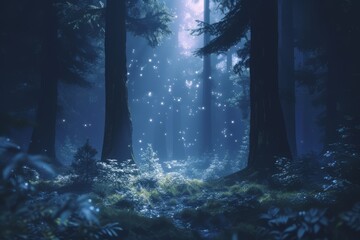 night forest with fog background. Fantasy landscape forest at night. night forest wallpaper for desktop. Natural landscape background. Synthwave Style Leaf Background. fantasy forest wallpaper. - obrazy, fototapety, plakaty