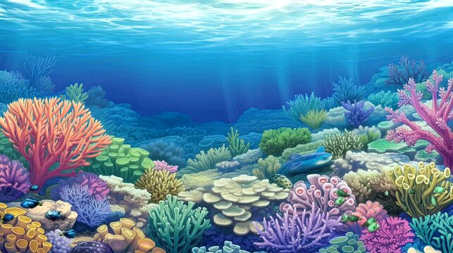 A vibrant coral reef teeming with marine life beneath the ocean's surface. Fantasy landscape anime or cartoon style, seamless looping 4k time-lapse virtual video animation background