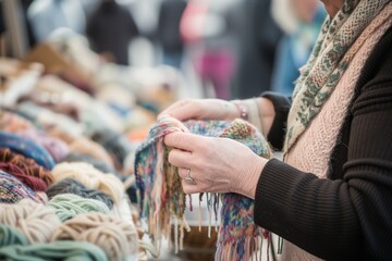 knitter at a craft fair selling handmade wool shawls