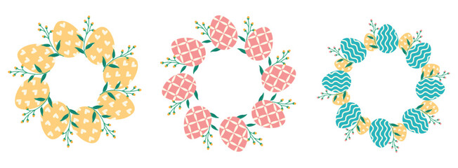 Set of Easter symbols - wreaths with colored Easter eggs. Ideal for greeting cards, banners, frames, invitations