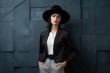 Stylish brunette in a black blazer, crisp white shirt, grey trousers and an elegant black hat