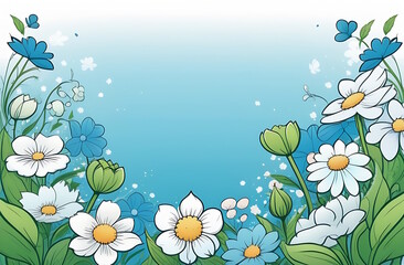 banner spring flowers with free space, pastel colors blue, green, white