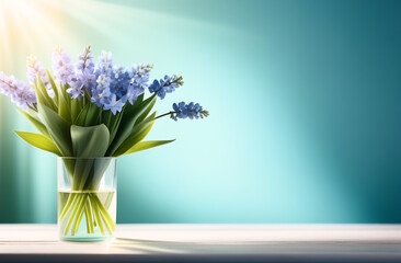 banner spring flowers with free space, pastel colors blue, green, white, generative Al