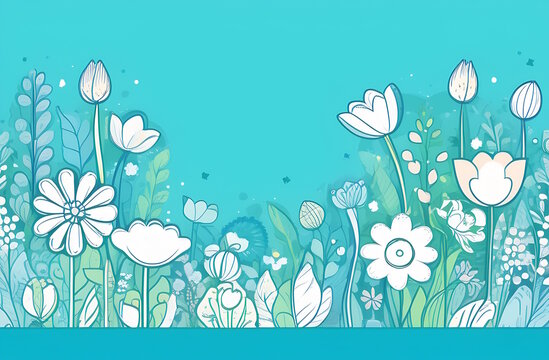 banner spring flowers with free space, pastel colors blue, green, white