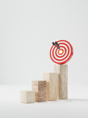 woods block step target on the top of wooden cube blocks. Shining rise up arrow shoot up towards...