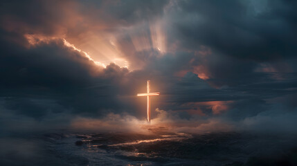 Photo of a glowing cross with rays of light in a dark cloudy setting - obrazy, fototapety, plakaty