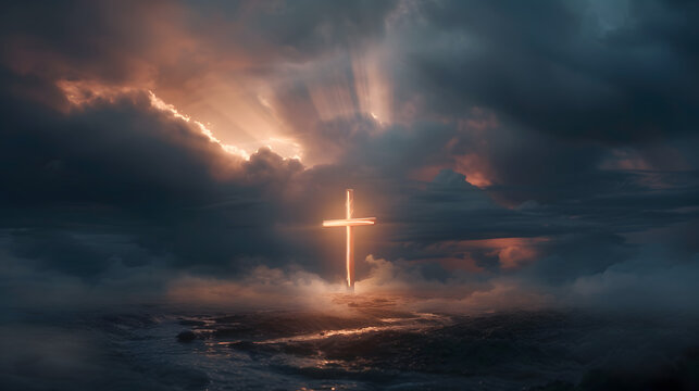 Photo of a glowing cross with rays of light in a dark cloudy setting
