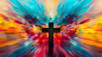 Photo of a cross with a vibrant, colorful abstract background
