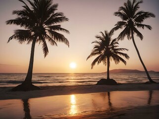 Tropical beach with palm trees at sunset. AI generated
