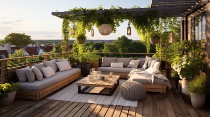 Fototapeta premium Cozy outdoor roof terrace with pergola and potted plants in minimal style