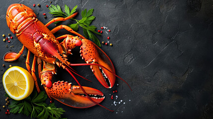 Lobster with spices and lemon on dark background, seafood 