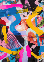 A bold and colorful abstract painting with energetic brush strokes and graffiti elements.