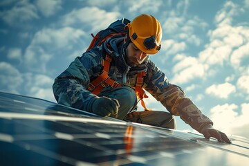 worker installing solar photovoltaic pannels on a roof - obrazy, fototapety, plakaty