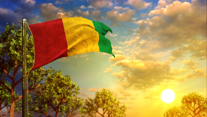 waving flag of Guinea at sundown for state holiday - abstract 3D rendering