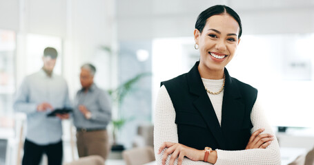Leader, smile and portrait of business woman in an finance agency, startup or company office with growth. Development, laughing and young accountant confident as a corporate manager at workplace - obrazy, fototapety, plakaty
