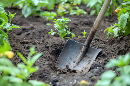 Garden Shovel in Use. Digging Holes for Plants or Moving Soil Around Plants.