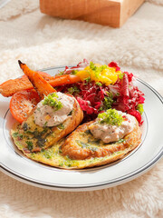 Sourdough Toast with tuna corn and salad for breakfast. Morning time. Fresh meal. Delicious food. Scandinavian style. Homemade food. Cooking recipes. Brunch. Healthy recipes. Vegetable. Clean food. 