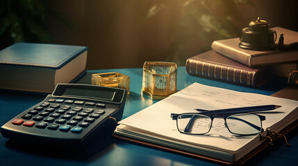 A desk with a notebook, pen, calculator, and glasses.