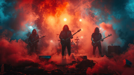 Rock band performs on stage, colorful dust background