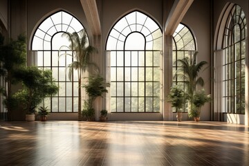 Empty hall in modern building with tall windows and indoor plants.