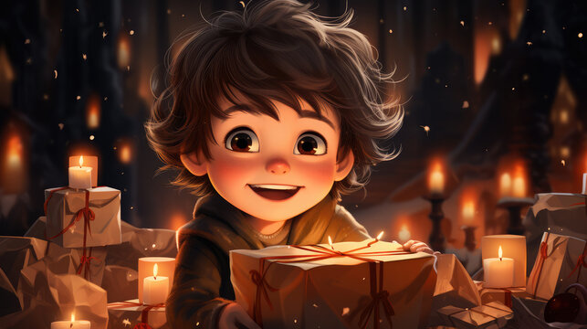 16-9 большеA joyful child in pajamas opens a Christmas present, Happy family photo child with a gift, girl, boy, warm family holiday feast, Christmas, New Year, Holidays, winter, generative AI