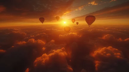 Deurstickers Skydivers are flies on background of sunset sky. © bird_saranyoo