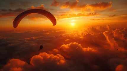Fotobehang Skydivers are flies on background of sunset sky. © bird_saranyoo