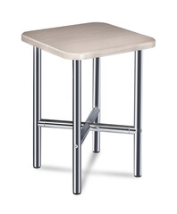 Kitchen stool with chrome legs and wooden seat isolated on white background.