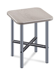 Kitchen stool with chrome legs and wooden seat isolated on white background.