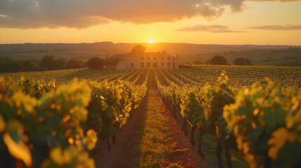 Vineyard and winery at sunset French vineyard landscape