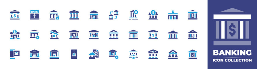 Banking icon collection. Duotone color. Vector and transparent illustration. Containing bank, bank transfer, banking, online banking, underbanked, mobile banking, bank statement, banks.