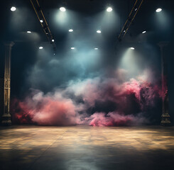 Studio background,Empty dark room concrete floor with neon light, spotlights lighting on pink smoke...