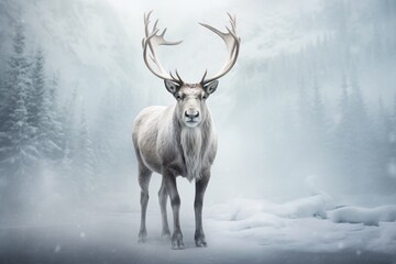 a reindeer with large antlers standing in the snow