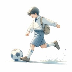 Student participating in sports. watercolor illustration, Young boy with football. back to school clipart.