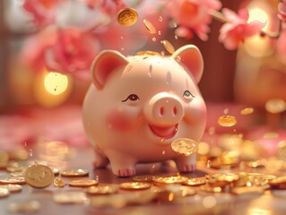 A piggy bank and the shower of gold coins