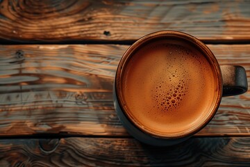 A cup of coffee. Caffeine. A coffee drink. Closeup of a coffee cup seen from above placed on the wooden surface. A cup of coffee with foam. Black coffee. Foamy bubbles in the coffee cup. Coffee mug - obrazy, fototapety, plakaty