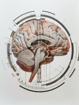 In a double exposure vision a brain surrounded by modern technology reveals a circular harmony