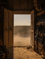 In the heart of conflict a focus on secure firearm storage with sun dust filtering through the air