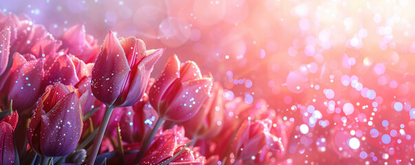 A radiant bouquet of pink and white tulips with a sparkling bokeh effect in the background. - obrazy, fototapety, plakaty