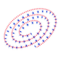 angled spiral of small red and large blue 6 pointed stars