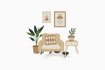 Living Room with Dog in Boho Style Vector Illustration